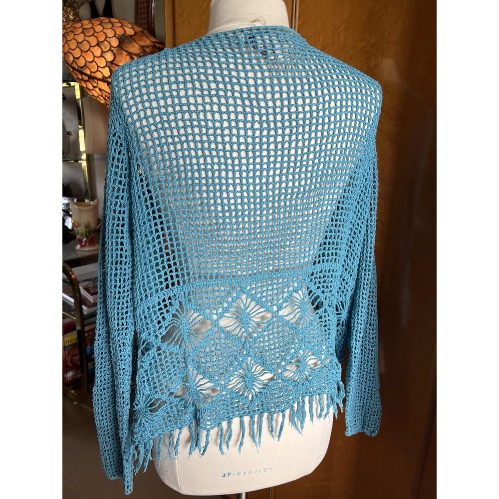 Boho Crochet Fringe Cardigan Teal Open Knit Kimono Festival Bohemian VTG